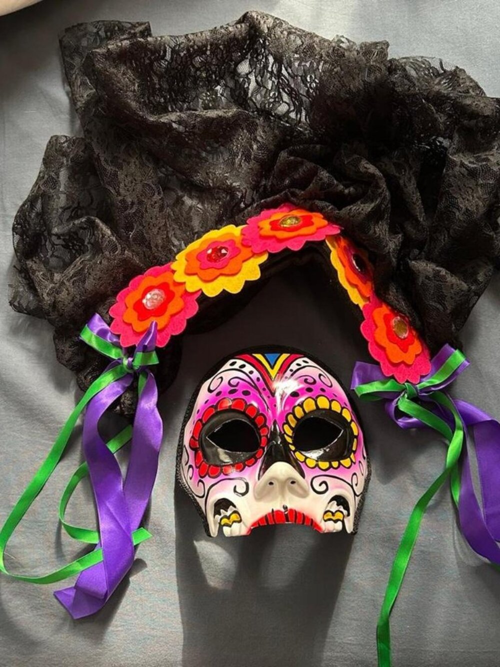 Day of the Dead Sugar Skull Mask and Floral Black Lace Headdress